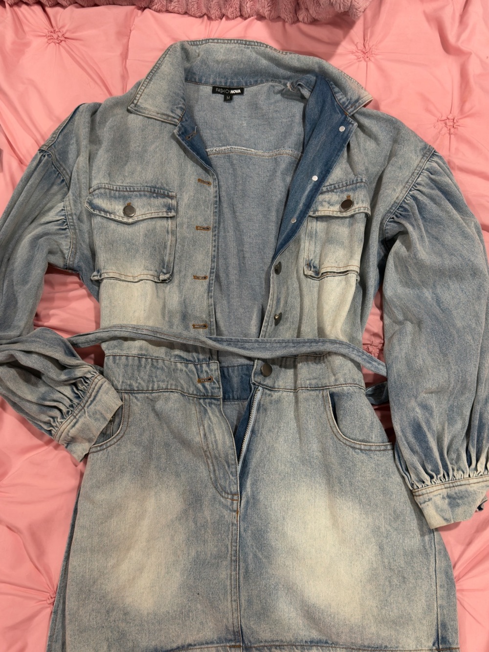 Fashion Nova Washed Light Blue Denim Belted Dress